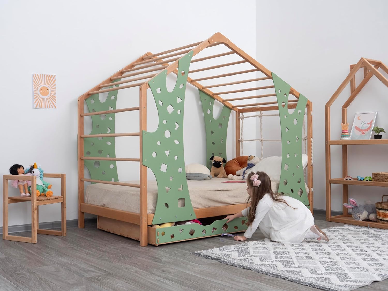 BUSY WOOD Toddler Bed with Drawers - Twin Bed Frame with Storage - Indoor Playground Bed - Montessori Bed - Jungle Gym - Montessori Bed for Toddlers - Monkey Bed with 2 Drawers (Wide&Full Depth)