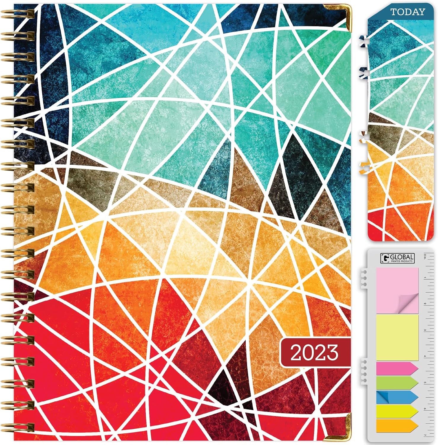 HARDCOVER 2023 Planner: (November 2022 Through December 2023) 8.5"x11" Daily Weekly Monthly Planner Yearly Agenda. Bookmark, Pocket Folder and Sticky Note Set (Abstract Stained Glass)