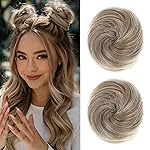 REECHO Space Bun Hair Pieces, 2 PCS Mini Claw Clip in Messy & Cat Ears Fake Hair Bun Extensions HB001 Wig Accessory Updo Hairpieces -Pack of 2-3 Straight, Ash Brown with Blonde Tips