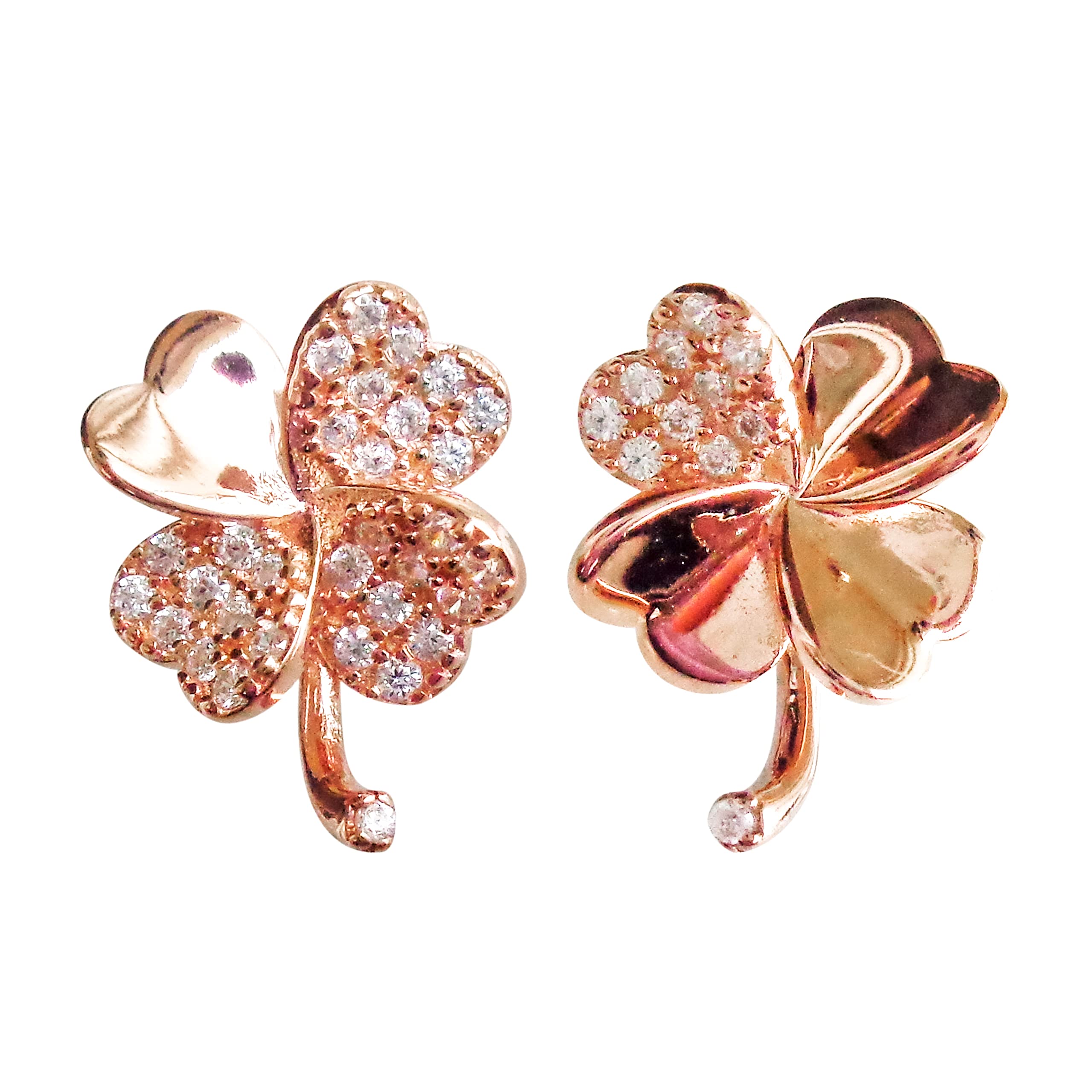 925 Sterling Silver Four-Leaf-Clover Lucky Grass Earrings Ear Stud White Gold Plated Fashion Jewellery Gift, WK90204, Silver, Cubic Zirconia,