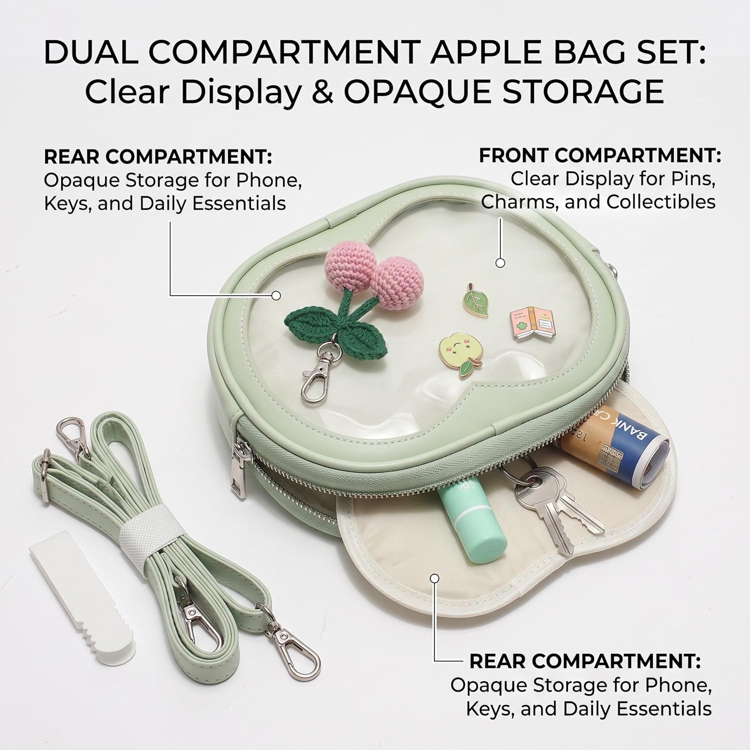 Ita Bag Crossbody, Cherry-shaped Pin Display Bag with Spacious Storage with Transparent Display Window Green. image 3