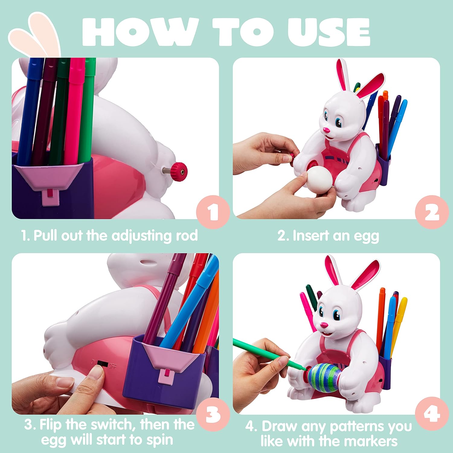 JOYIN Motorized Easter Egg Decorator Kit Spinner Easter Busy Pink Bunny Egg Whirler Decorating Machine with 10 Non-Toxic Markers for Kids Craft Activities