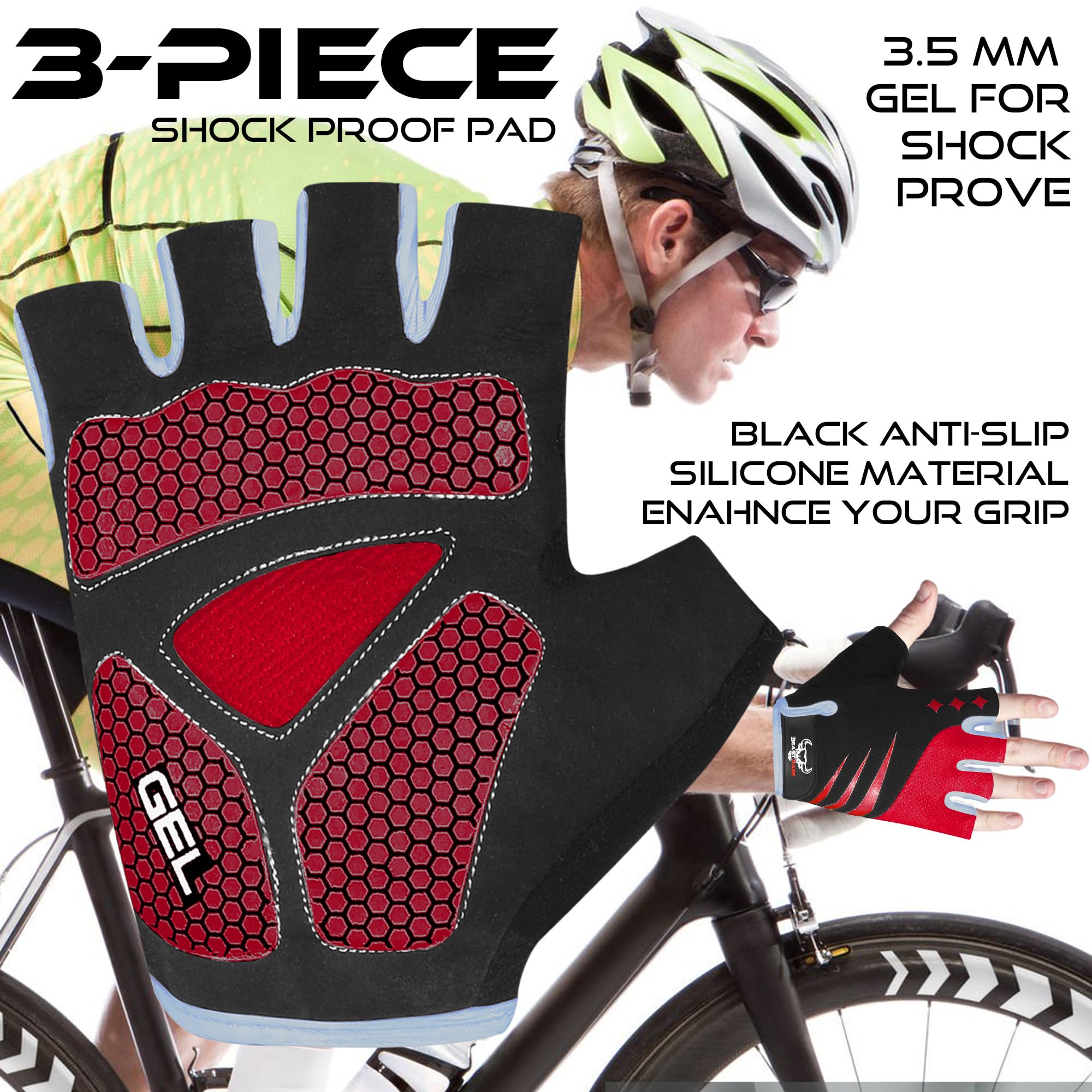 BEAST RAGE Guantes de Ciclismo de Medio Dedo para Hombres y Mujeres, Acolchados de Gel, Antideslizantes, absorción de Golpes, Guantes de Gimnasio, Guantes de Bicicleta de montaña