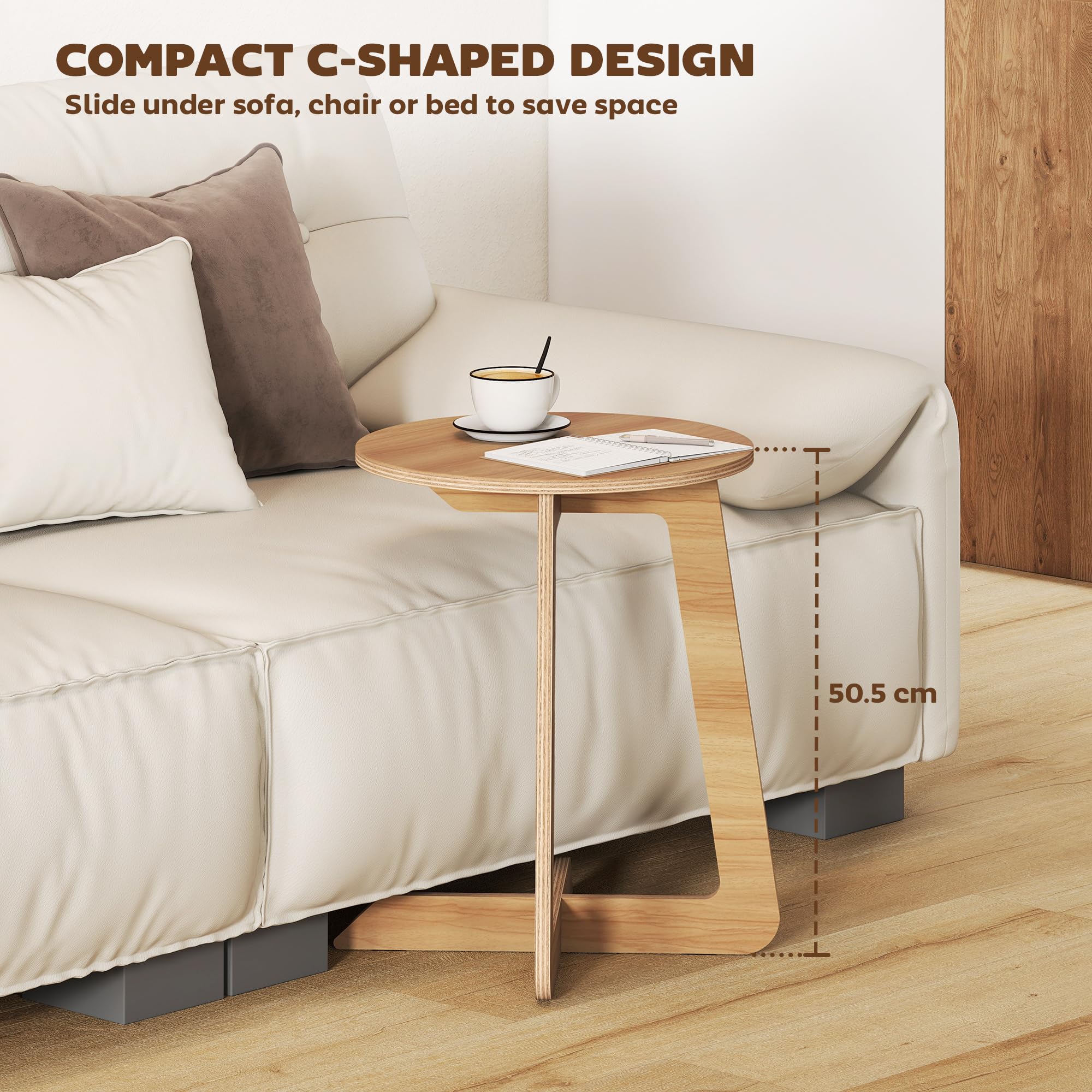 HOMCOM Mesa Auxiliar en Forma de C Montaje Rápido Salón Dormitorio Natural | Mesita Auxiliar Redonda, para Espacios Pequeños
