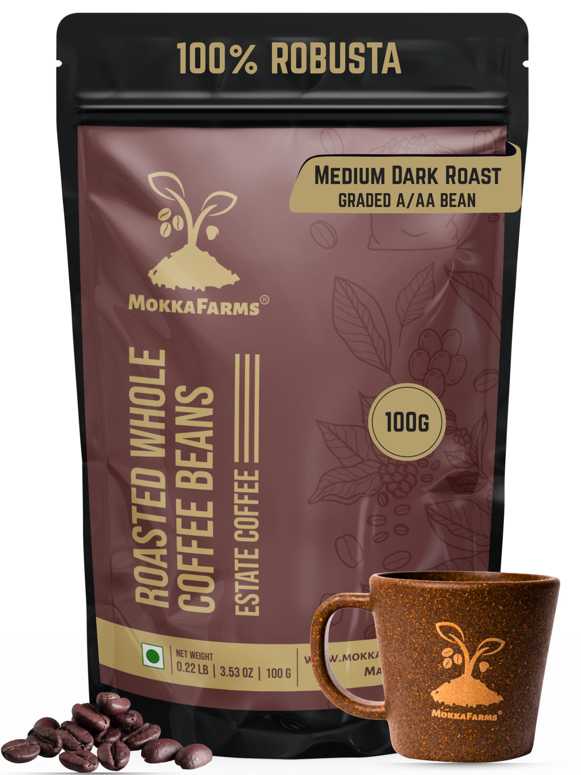 MokkaFarms Roasted Whole Coffee Beans 100g - 100% Robusta | Medium-Dark Roast, Fresh Estate Coffee | Graded A/AA Bean | Rich Flavorful Aromatic | Farm to Fork | One Way Valve/Zip-Lock Bag |-image-23