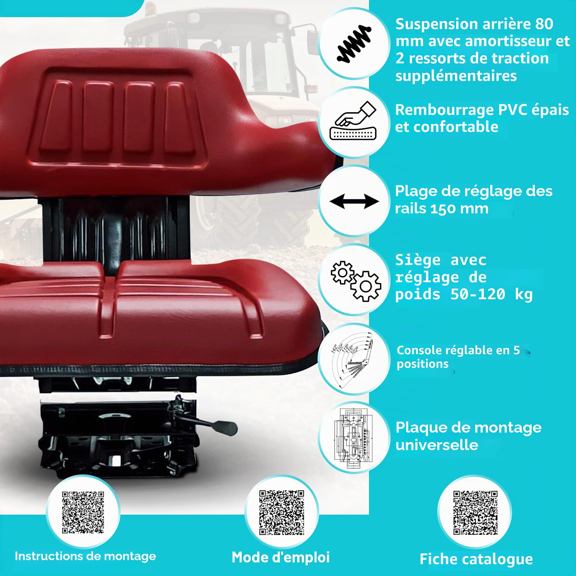 Siège du tracteur universel siège du chargeur de cour en KS 44/2V PVC rouge inclinable