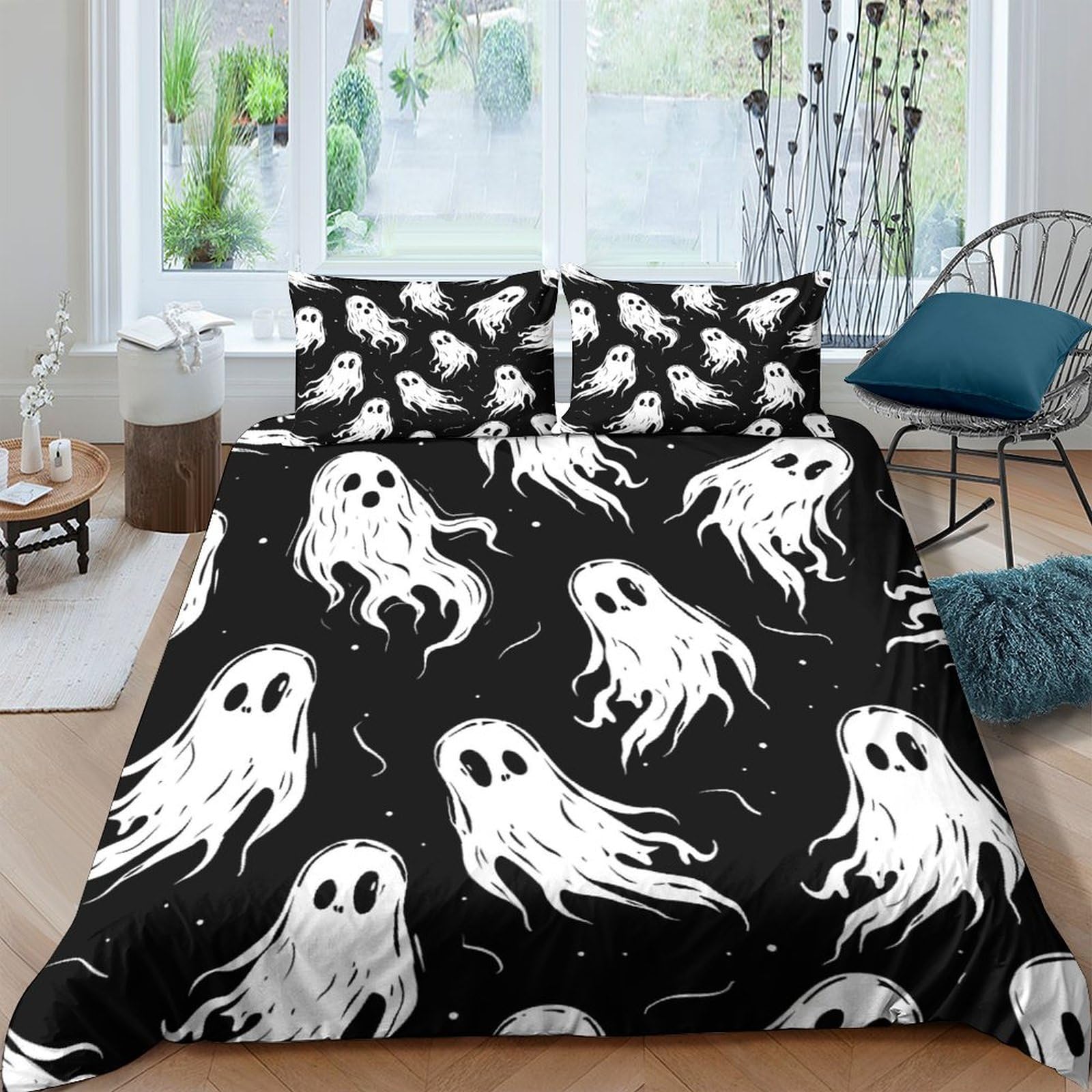 Wxlwhr Black Halloween Ghosts And Monsters Duvet Cover Set Soft Microfiber 3 Piece 3D Printed Bedding Sets Background Ghost Duvet Cover With Pillowcase For Kids Adults Double（200X200cm）