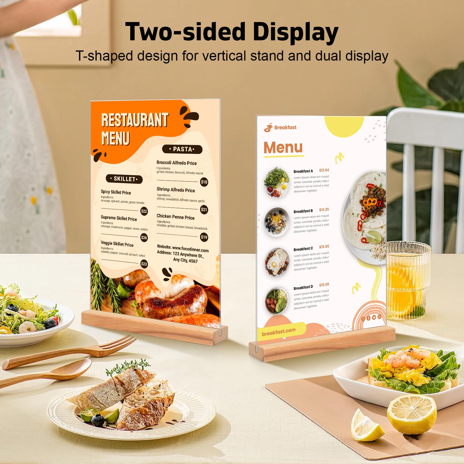Lot de 4 Porte Affiche en Acrylique A5, Base en Bois T Forme Support Double Face Transparent, Cadre Photo en Plastique, Affichage de Menu Presentoir pour Réception, Bureau, Magasin, Restaurant, Hôtel
