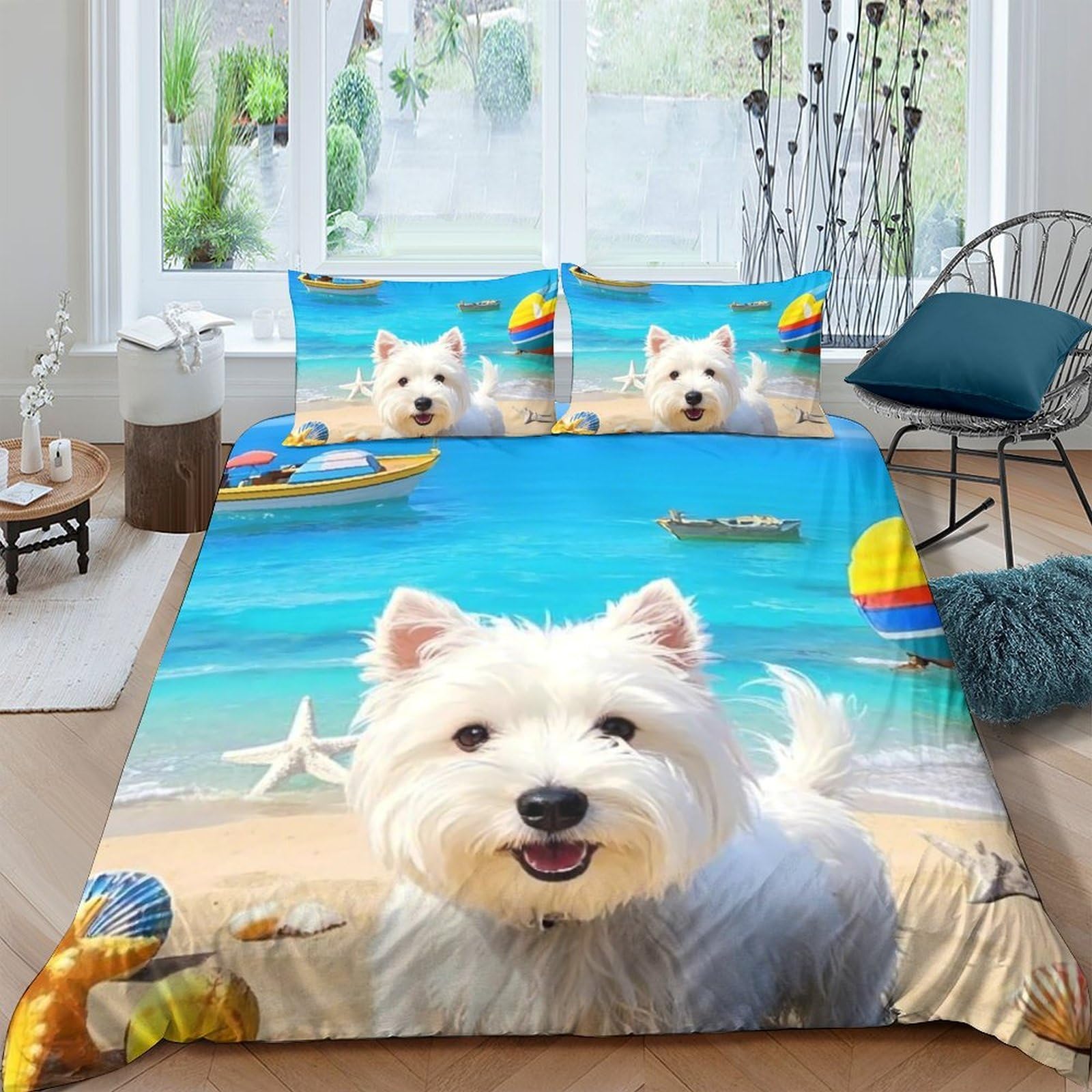 GPLZQXKJNH 3D Printed Westie Dog Beach Scene Duvet Cover Microfiber Soft Bedding Set with 2 Pillowcases for Bedroom Decor Single（135x200cm）