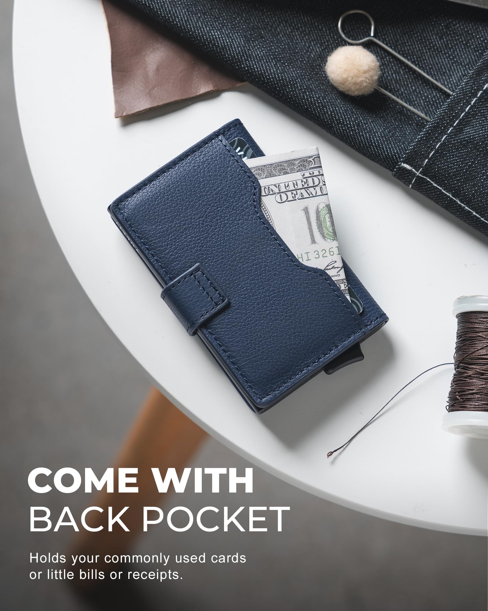 VULKIT Tarjetero Hombre Piel Genuino RFID Bloqueo con Cierre Magnético Carteras para Hombre Metalico Porta Tarjetas con 3 Ranuras y 1 Ventana DNI, Litchi Azul Marino