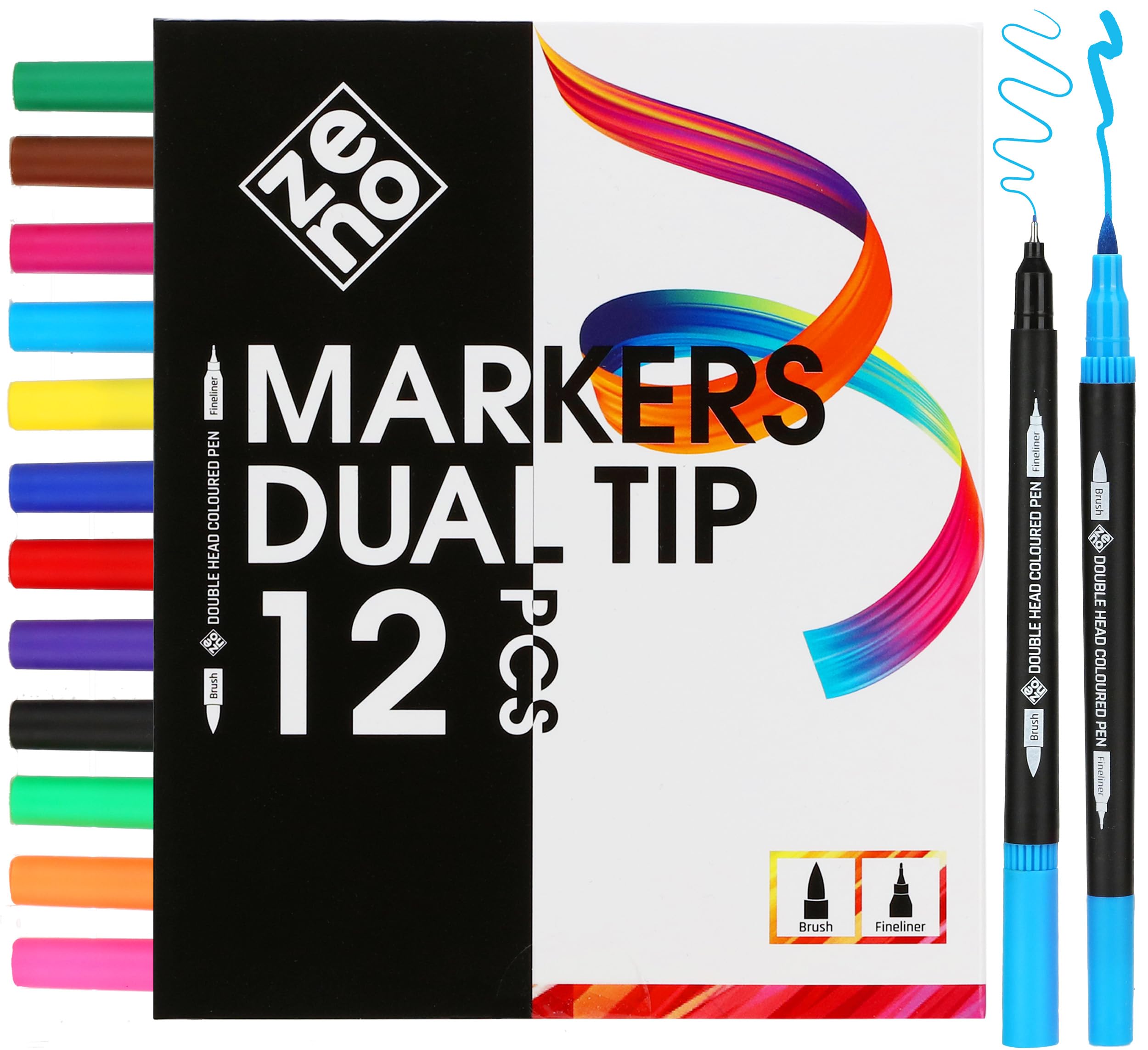 ZENO Set de Rotuladores 12 Doble Punta con Caja – Rotuladores Profesionales para Adultos y Artistas – Brush Pen con Punta Fina y Punta Pincel para Mandalas, Dibujos, Lettering y Libros para Colorear