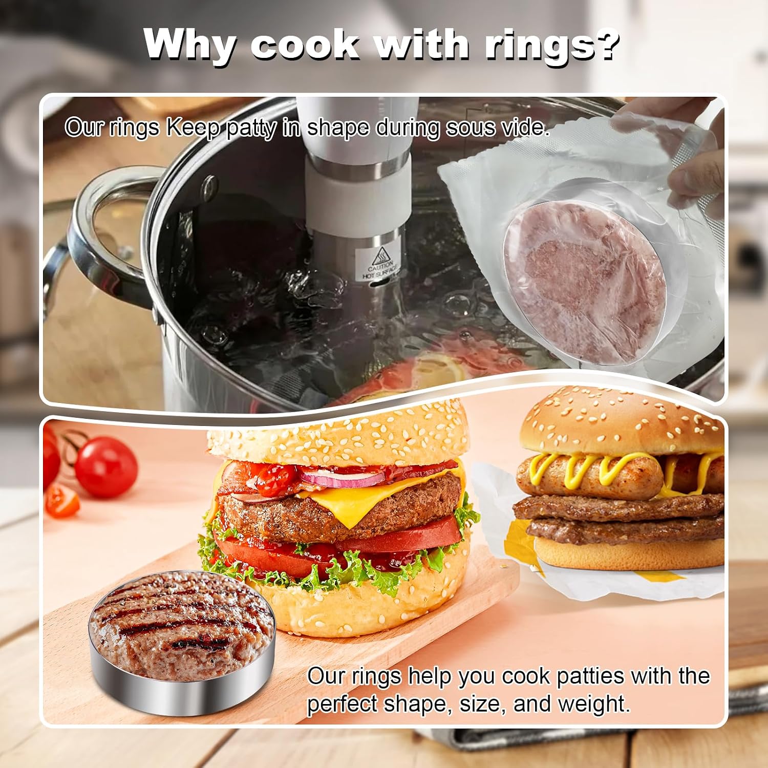 1 Piece Sous Vide Burger Patty Ring – 304 Stainless Steel Mold for 1/2 LB Hamburgers, Cooking Accessory for Immersion Circulators