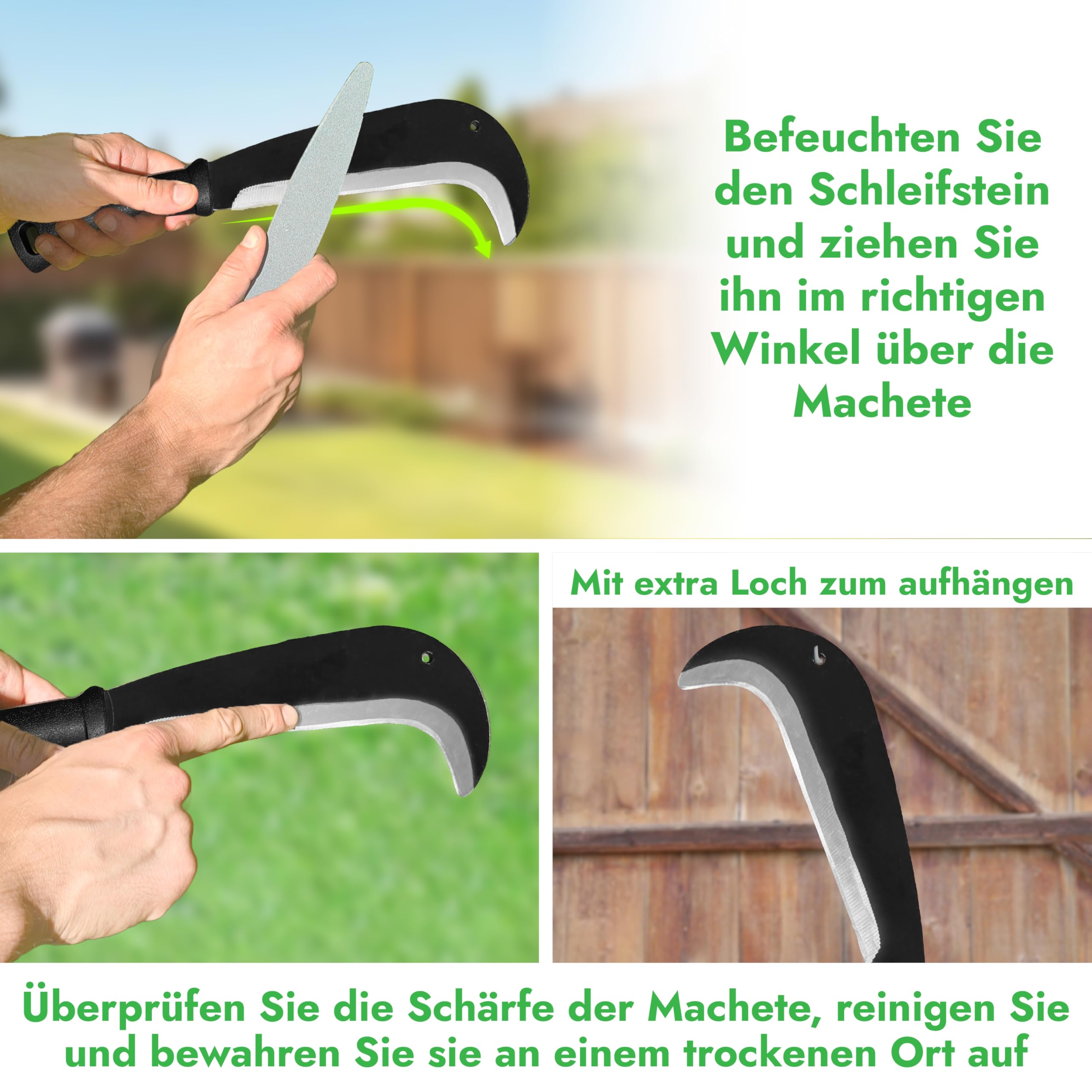 Schweizer Gertel - traditionelle scharfe Machete - nachhaltige Sichel 34cm- inklusive gratis Schleifstein – umweltfreundliche Handsichel