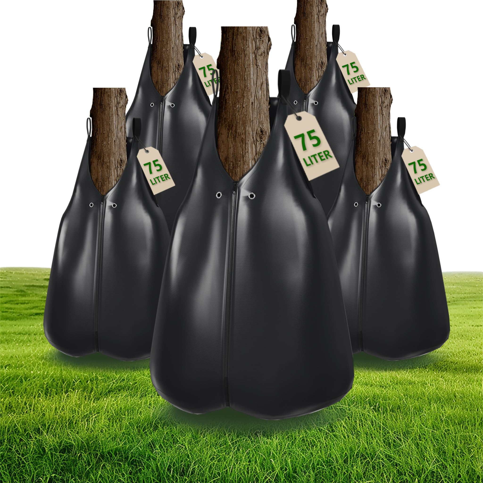 Aufun 5er Set 75 L Baumbewässerungsbeutel, PVC-Tasche langlebig, Garten-Bewässerungssystem mit Einfüllöffnung Ø 8,5 cm Robust und Wetterbeständig für kleine und große Bäume, Jungbäume,Schwarz