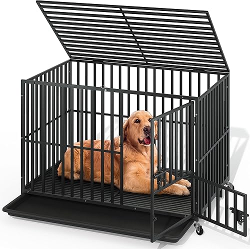 YITAHOME Jaulas resistentes de 48 pulgadas para perros grandes y medianos, perrera de metal para interiores con ruedas, jaula para perros de alta