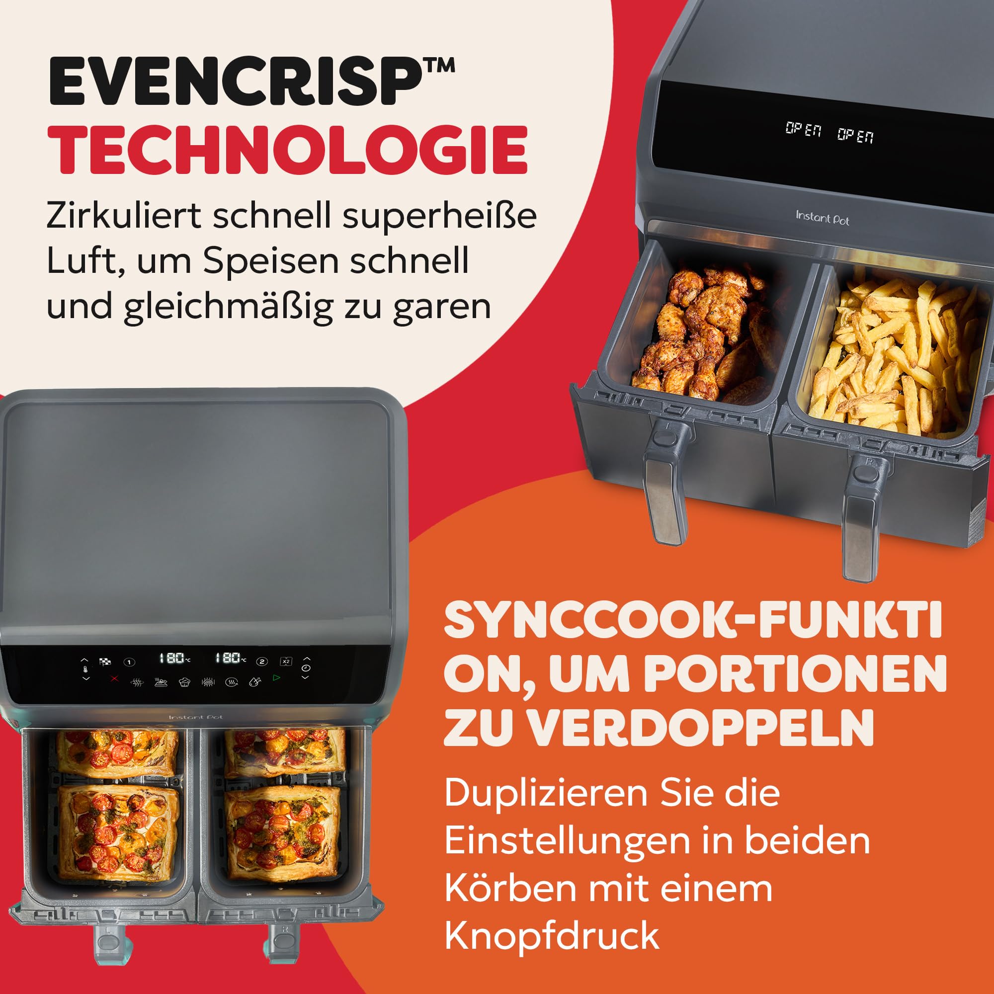 Instant Pot - Vortex Dual Truffle Grey - Frytkownica na gorące powietrze - Duża, 8 l, rozmiar rodzinny, podwójna, podwójne kosze 4 l, 8 w 1 - suszenie, grillowanie, pieczenie, smażenie.