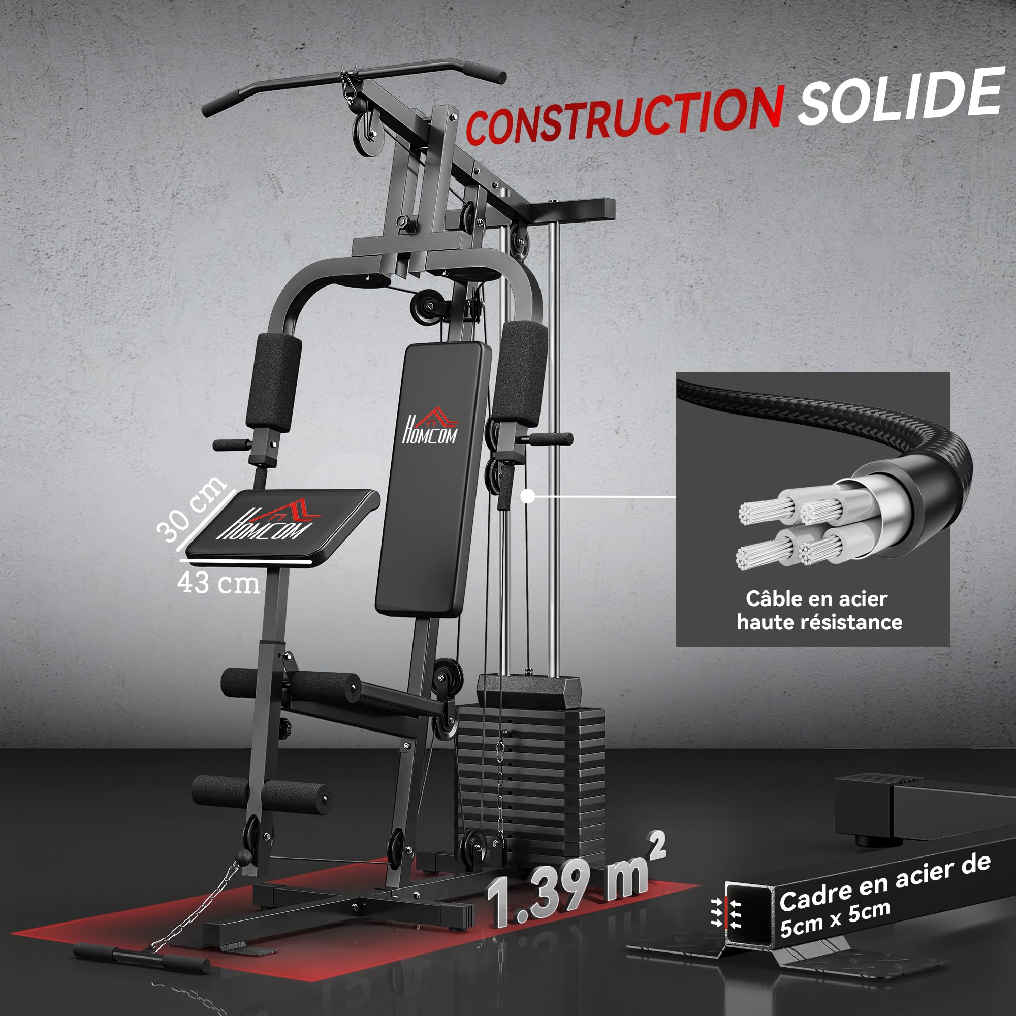 HOMCOM Station de Musculation Multifonction avec Stack de 65 kg, Double Poulie, Station de Développé Couché, Butterfly, Plateforme à Biceps & Développeur de Jambes, Noir