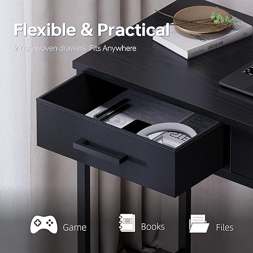 Miniatura 6 de Pamray Escritorio pequeño para computadora de 32 pulgadas con 2 cajones para dormitorio, estudio, escritura, mesa de oficina en casa para espacios