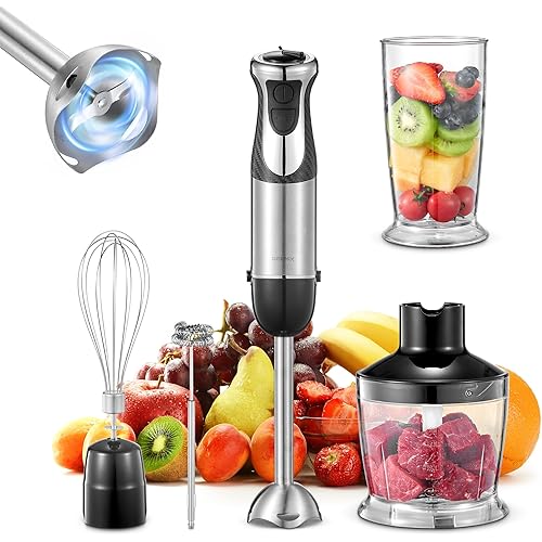 Immersion Blender, 5 in 1 Hand Blenders, 1000W Copper Motor Handheld Blender with Frother, Whisk, Beaker, Chopper Attachements, Stainless Steel Blades, Black