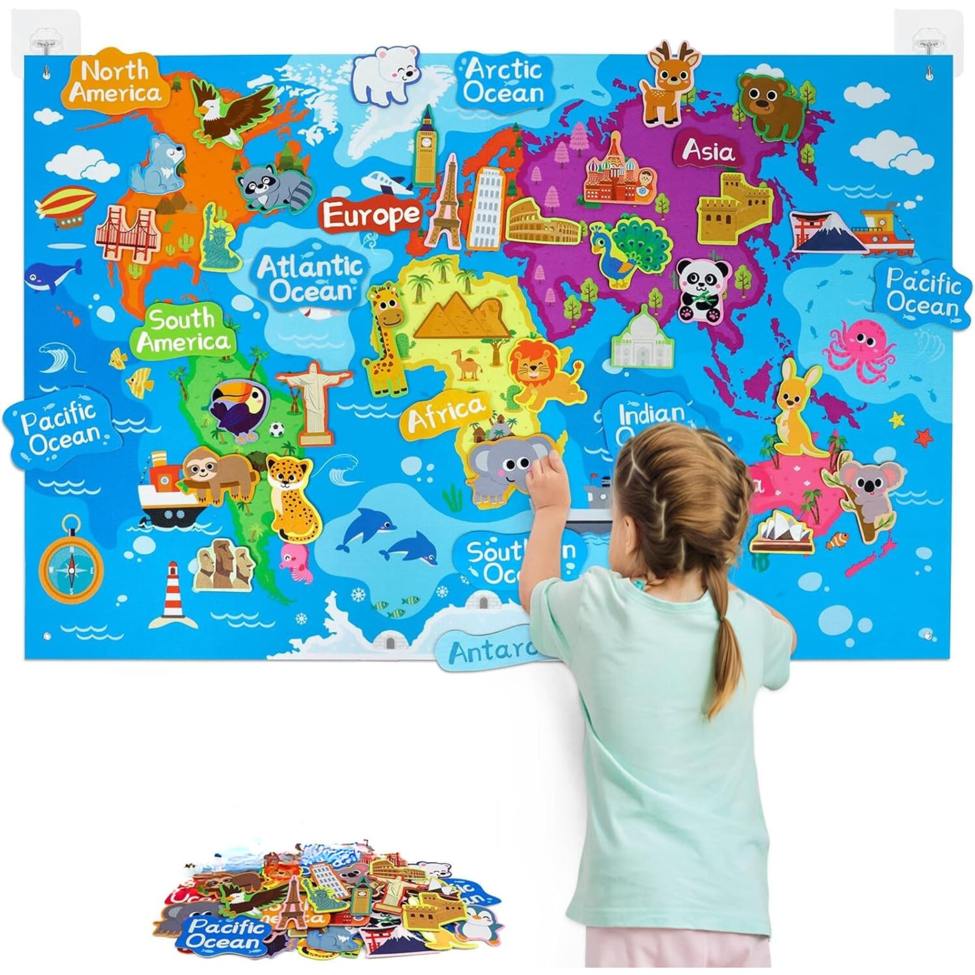 Carte du Monde en Feutrine 110x70 cm avec Monuments et Animaux | Set Éducatif Montessori à Velcro | Tapis d’Apprentissage pour Enfants 4+ | Découverte des Continents et Cultures