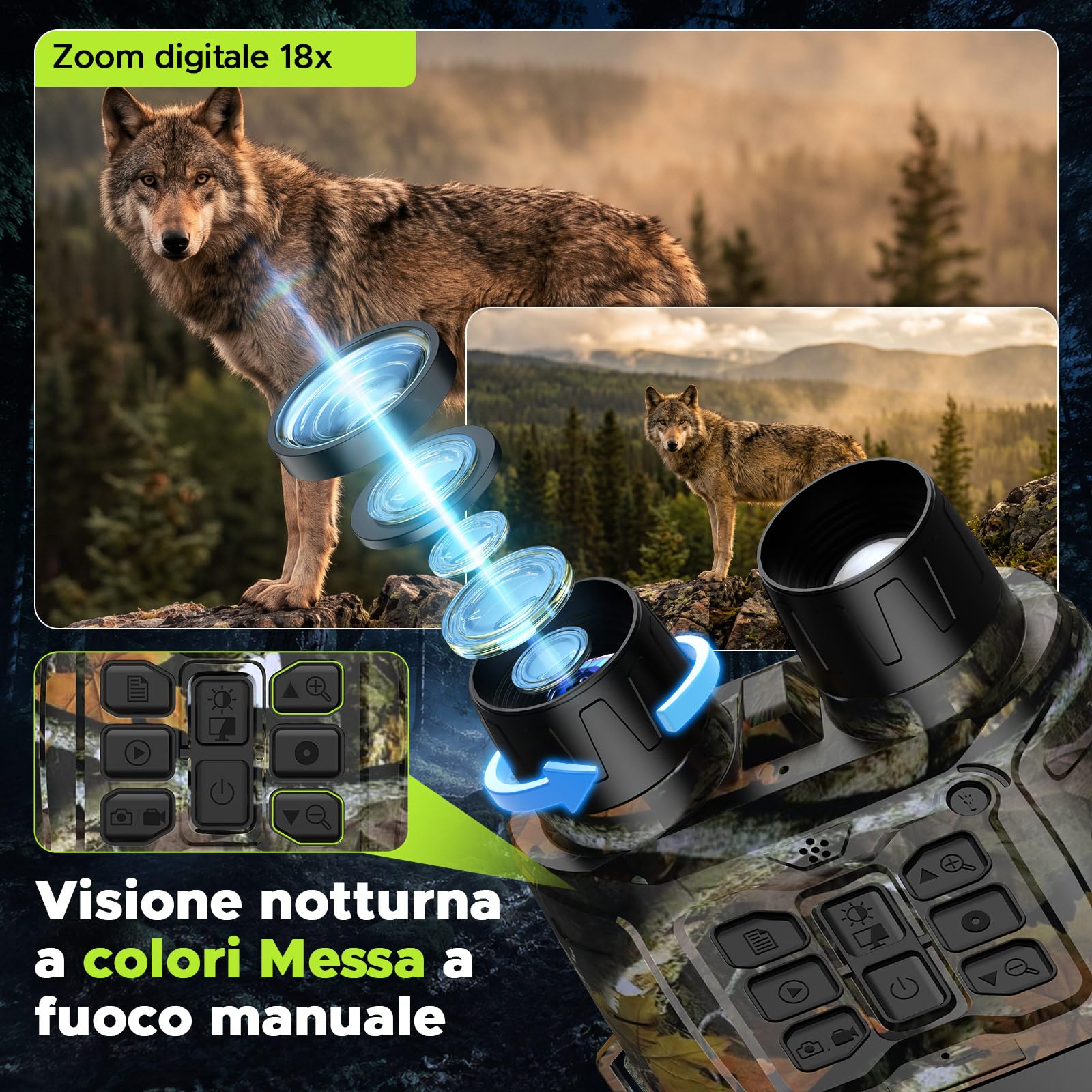 Binocolo 4K Ultra HD 112MP – Visione Notturna a Colori | 600m IR zoom 18X 5000mAh 64GB rilevamento mov. custodia regalo. Caccia campeggio uccelli. Full color notte