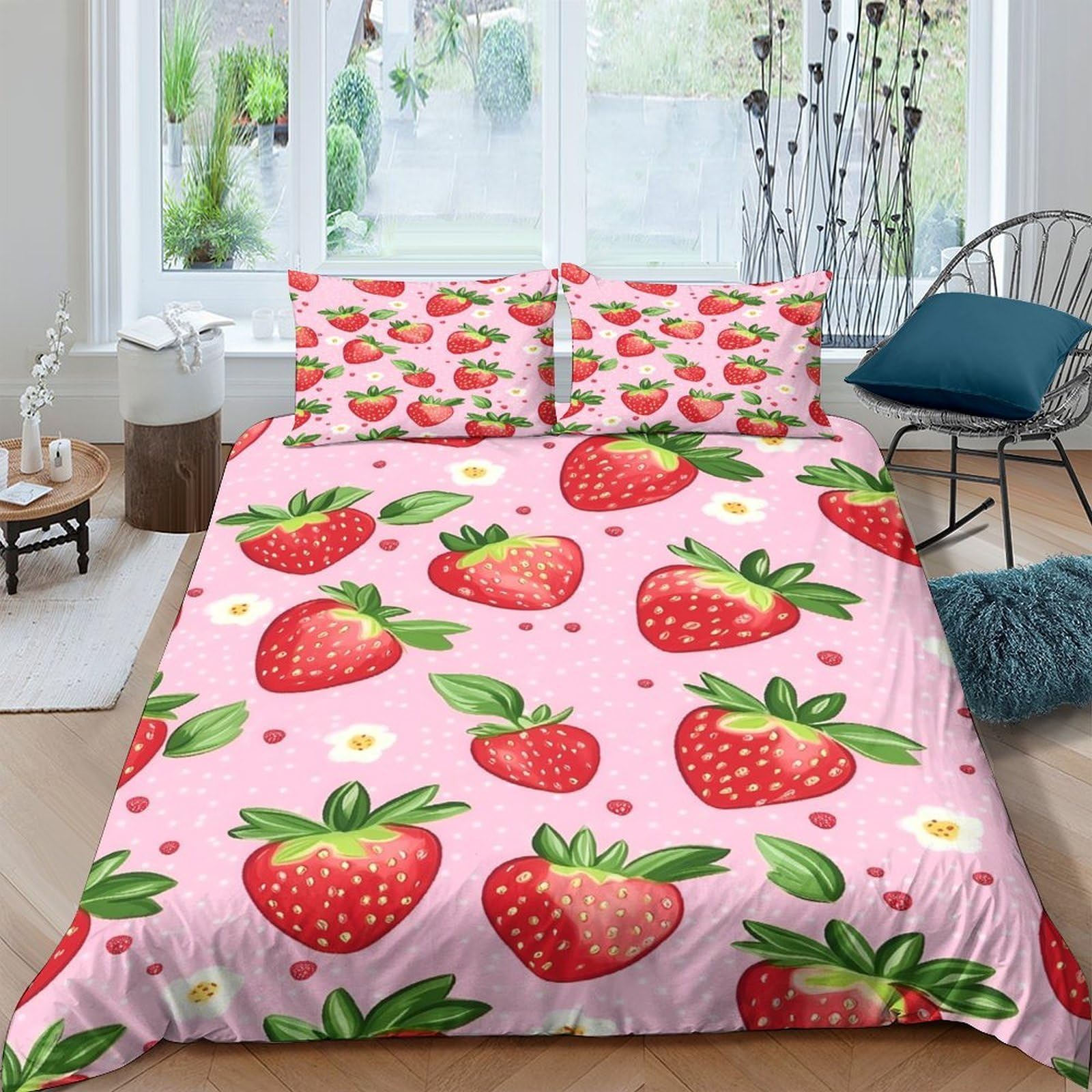 TUFRTGYHN 3D Printed Strawberry Pattern Duvet Cover Microfiber Soft Pink Fruit Bedding Set with 2 Pillowcases for Bedroom Home Single（135x200cm）
