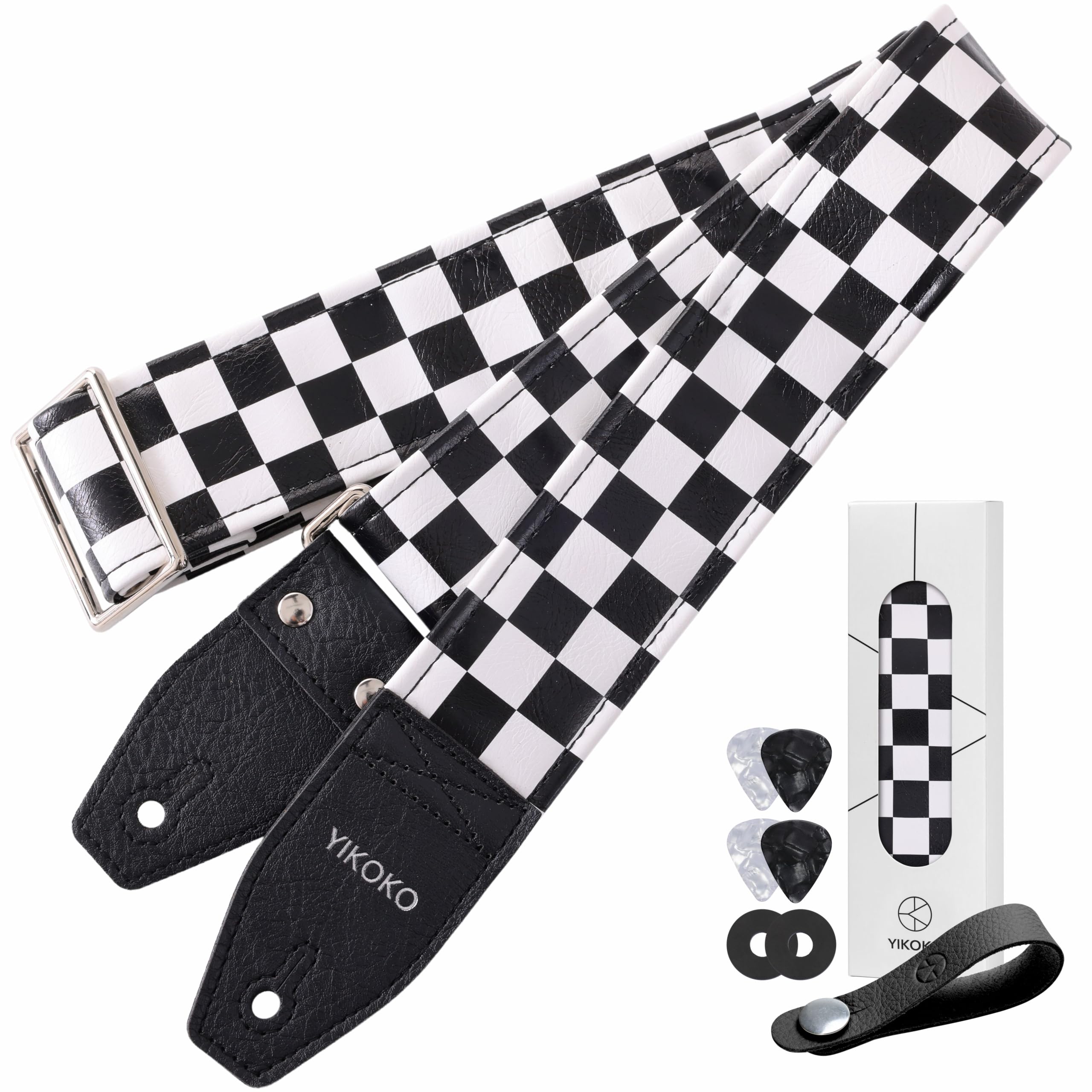 YIKOKO Guitar Strap 2", Colorful Checkered Pattern Vegan Leather Guitar Straps, Vinyl, Ad…