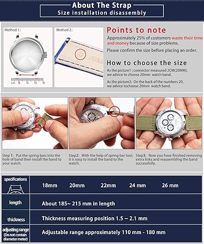 Miniatura 7 de Correas de lona compatibles con Samsung Galaxy Watch, Huawei, reloj inteligente Amazfit, reloj Garmin, reloj Fossil Watch de vela, caqui, negro,