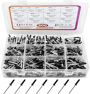 500pcs Black Rivets Pop Assortment Rivet Kit, Aluminum Assorted Blind Rivets 14 Sizes (3/32" 1/8" 5/32" 3/16"),with Reinfored Divider & Labeled Case