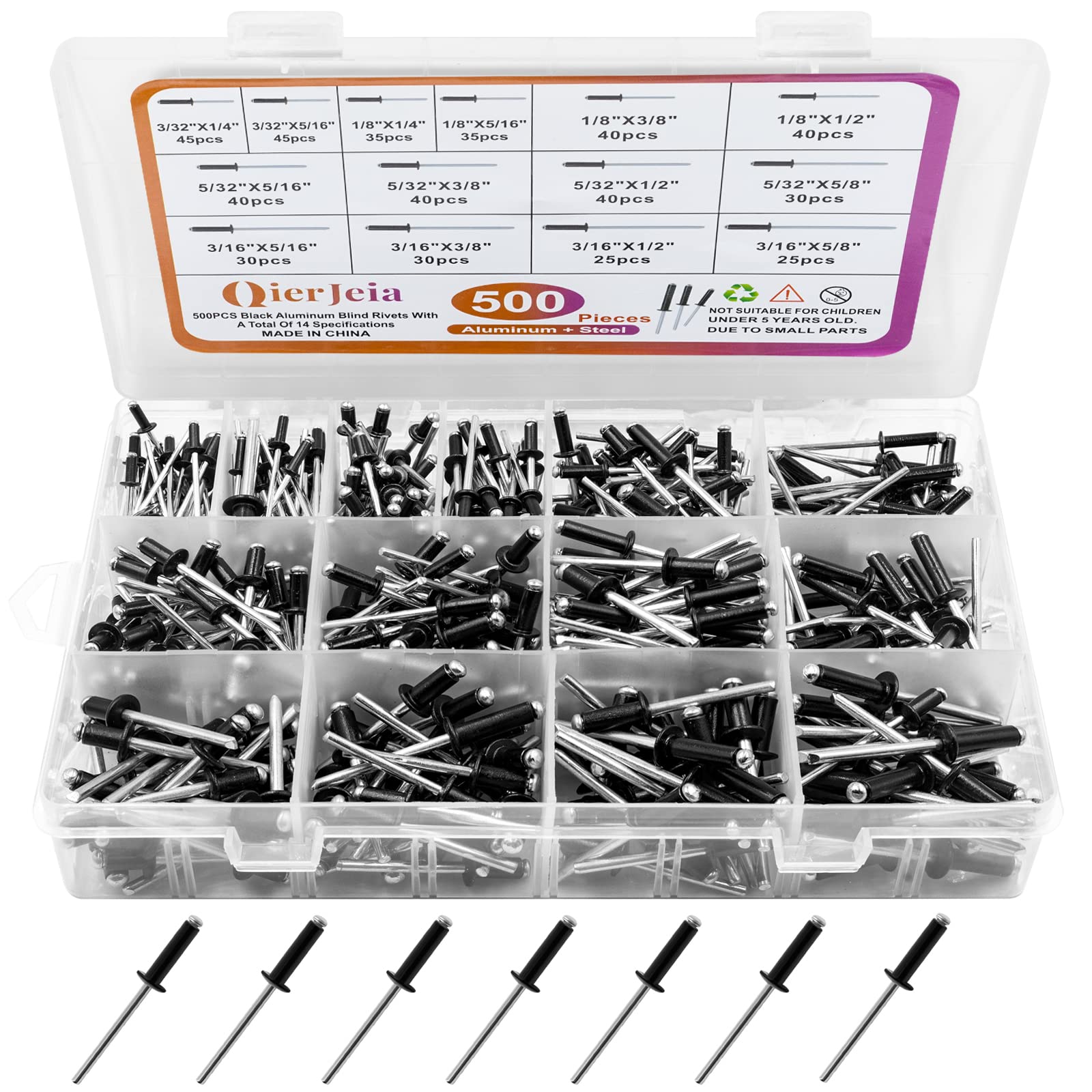 500pcs Black Rivets Pop Assortment Rivet Kit, Aluminum Assorted Blind Rivets 14 Sizes (3/32" 1/8" 5/32" 3/16"),with Reinfored Divider & Labeled Case