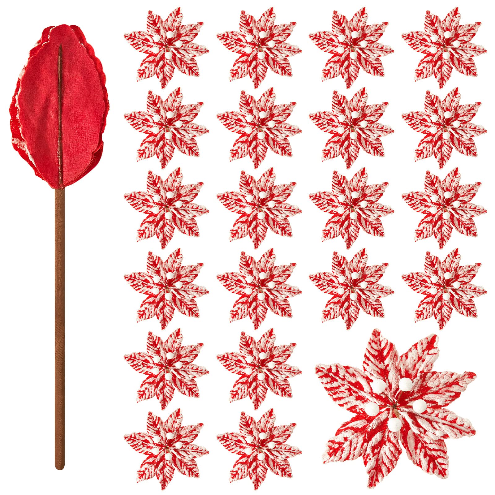 Künstliche Weihnachtsstern, Weihnachtsstern, Dekoration, Weihnachtsblumen, Schnee-Spray, Weihnachtsbaum-Plektren, dekorativer Weihnachtsblumenstiel für Weihnachtskranz-Dekorationen (24 Stück, 14 cm)
