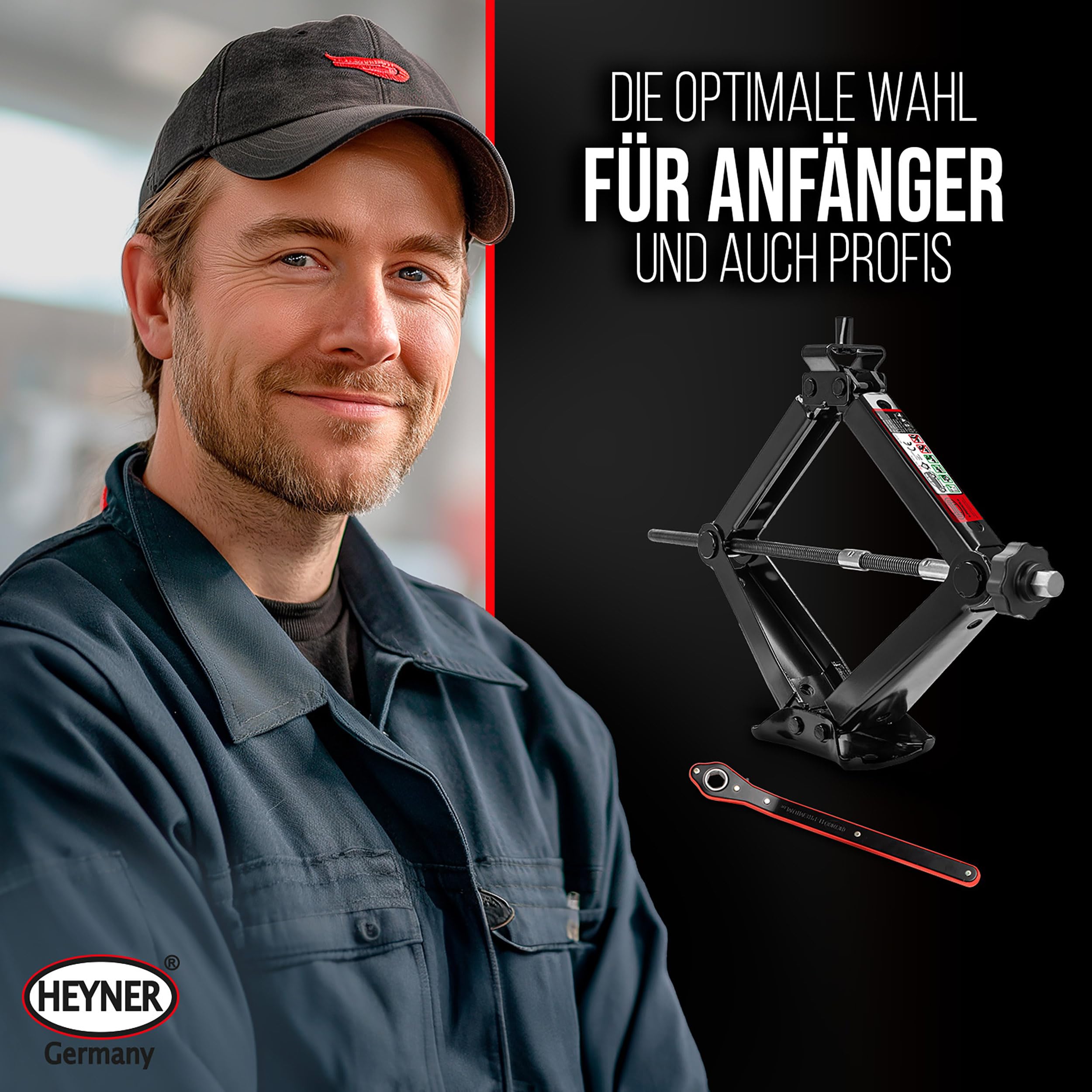 HEYNER® Scherenwagenheber 1,3 t für Mercedes-Benz ML GL GLE GLC S-Klasse | Hubhöhe bis 420 mm, 17 mm Ratsche mit Rechts- und Linkslauf, stabile Standfläche, Kurbeln auch per Hand, Tasche inklusive