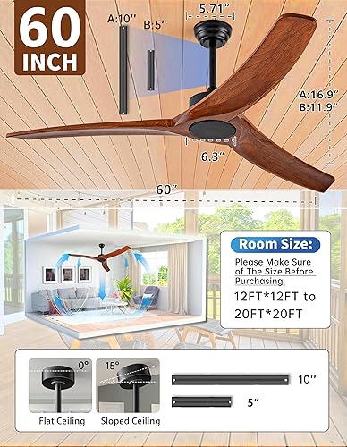 Miniatura 7 de Ventilador de techo de madera maciza de 60 pulgadas, sin control remoto, gran ventilador de techo de madera real para exteriores, sin luz, 3 aspas
