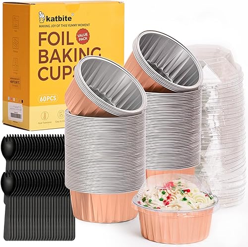 Miniatura 8 de Katbite - Ramekins desechables con tapas, paquete de 60 tazas de papel de aluminio de 5 onzas para hornear, moldes para magdalenas para crema