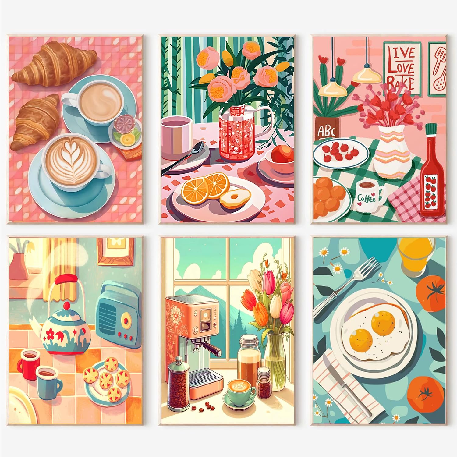6 Packs Paint by Numbers Kit for Adults Unframed,Coffee DIY Acrylic Oil Painting Paint by Numbers Kits on Canvas,Bread Adults Paint by Numbers Kits Drawing Paintwork for Home Decor 9.8x13.8inch