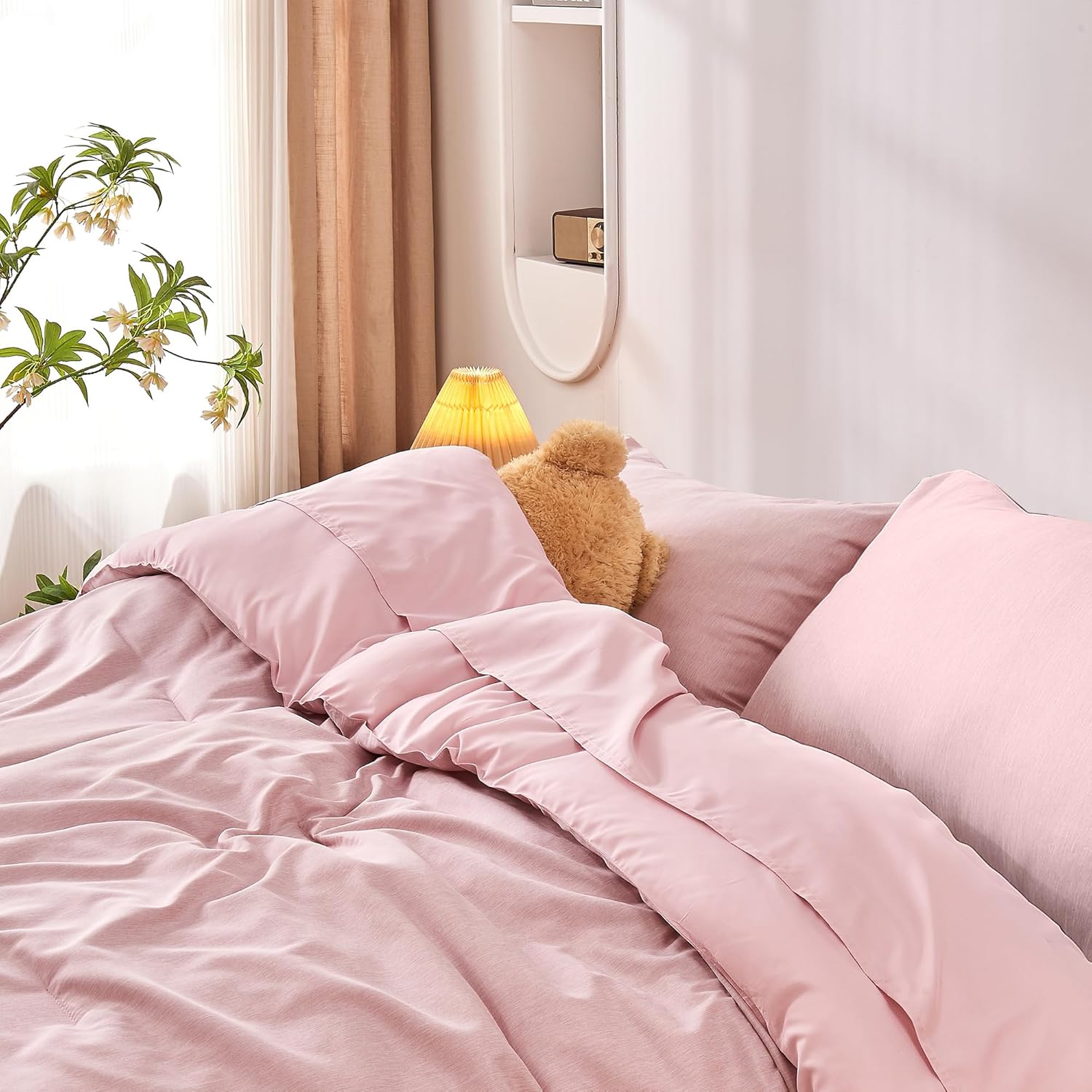 DECMAY Twin Comforter Set with Sheets, 5 Pieces Pink Twin Comforter Set, Cationic Dyeing Bed in a Bag Bedding Set with Comforter, Flat Sheet, Fitted Sheet, Pillowcase and Pillow Sham (Twin, Pink) | twin comforter set, twin bedding set, twin bed set