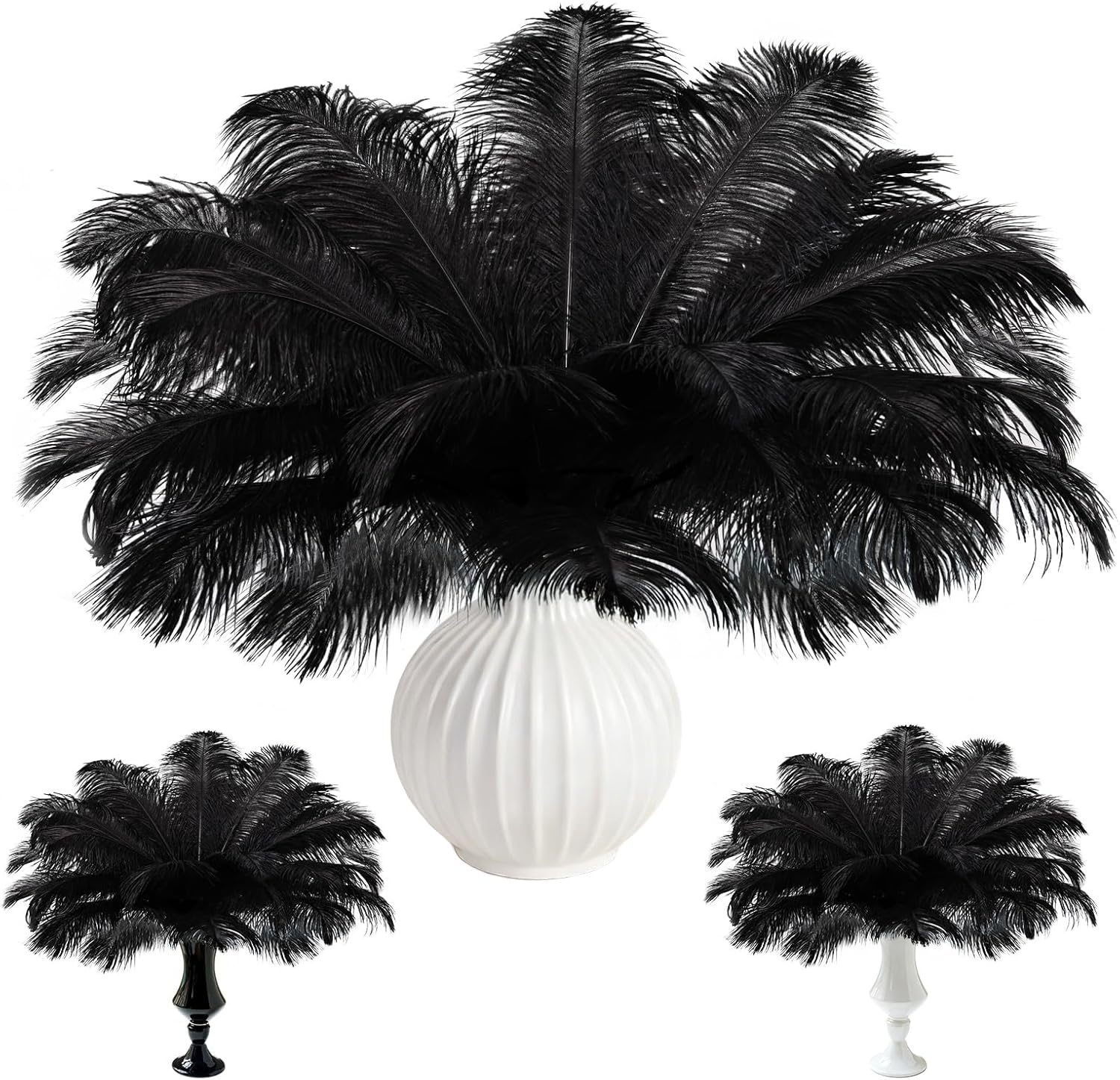 Natural Black Ostrich Feathers Bulk 60 Pack, 12-14 in, 10-12 in, 8-10 in (20 Pcs Each), for DIY Vase Craft Wedding Party Centerpieces Christmas Decoration