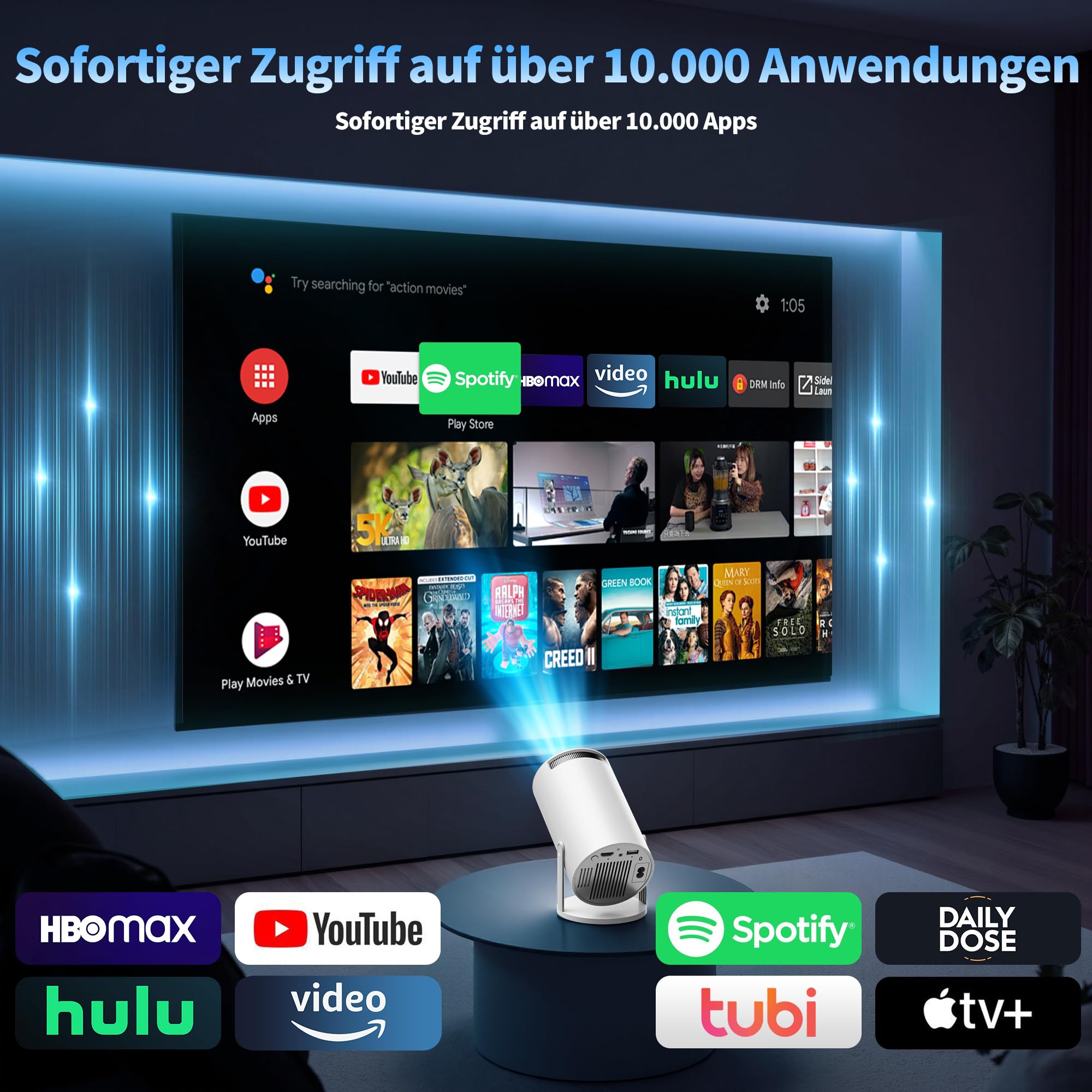 Mini Projector 4K 1080P Full HD Beamer with WiFi 6 BT 5.2, Automatic Keystone 270° Dreh, HDMI/TV Stick/Laptop, Weiß