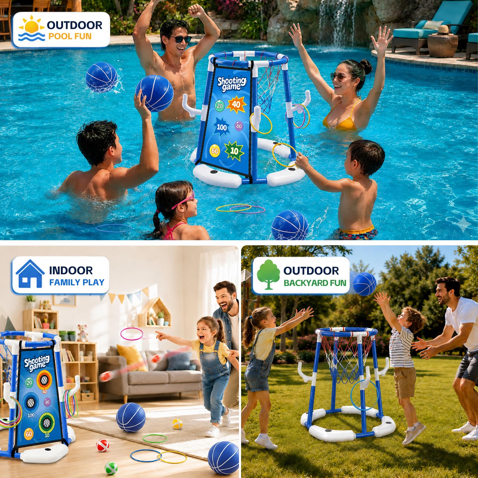 Ronronner 3-in-1 Pool Basketballkorb mit Sticky Ball Toss & Ring Toss, 12 Klebebällen, 4 Basketball, Wasserspielzeug für Kinder 4-8 & Erwachsene - Blau