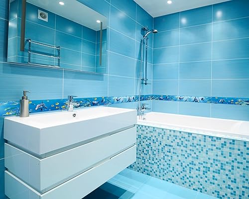 Miniatura 5 de FLFK Calcomanías de pared para despegar y pegar, para habitación de los niños, calcomanías de peces bajo el mar, 4 x 240 pulgadas (azul)