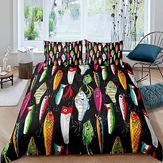 Erosebridal Fish Bedding Set Colorful Fish Duvet Cover Queen Size Fish Hook Fishing Theme Comforter Cover Set Sea Animal Quilt Cover Black Bedspread Cover for Kids Boys Girls Teens