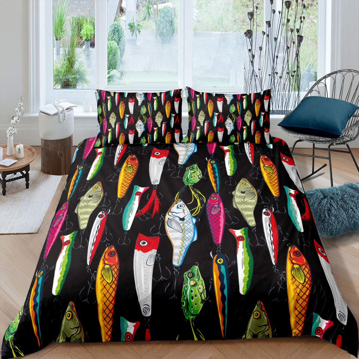 Fish Bedding Set - Colorful Fish Duvet Cover & Comforter Set - Double Size - Sea Animal Quilt Cover - Black Bedspread - For Kids, Boys, Girls & Teens