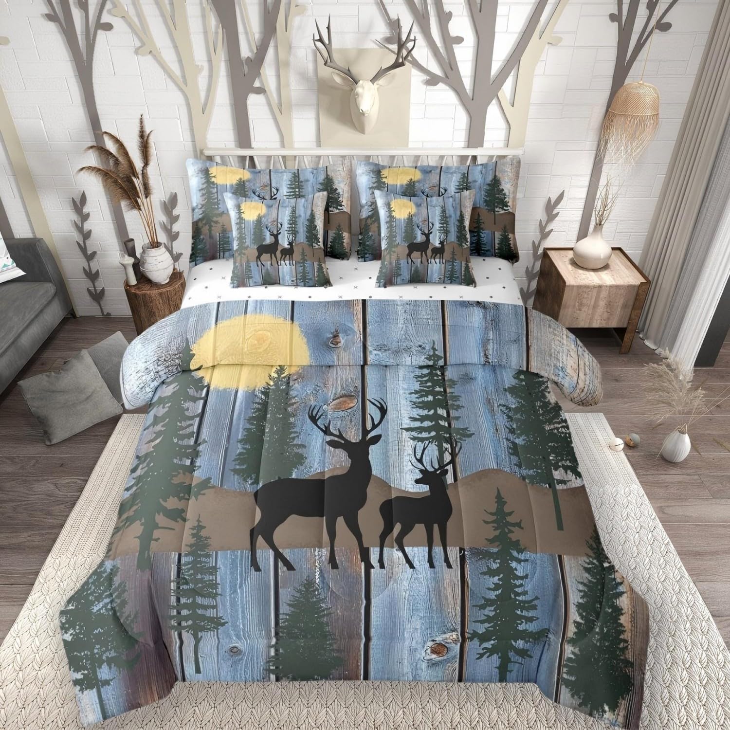 Elk Deer Full Size Bed Sheets and Comforter Set, Christmas Reindeer Pine Trees 7 Piece Bedding Set Farmhouse Decor Rustic Barn Door Bed in a Bag, Retro Countryside Rural Hunting Bed Sets, Navy Blue