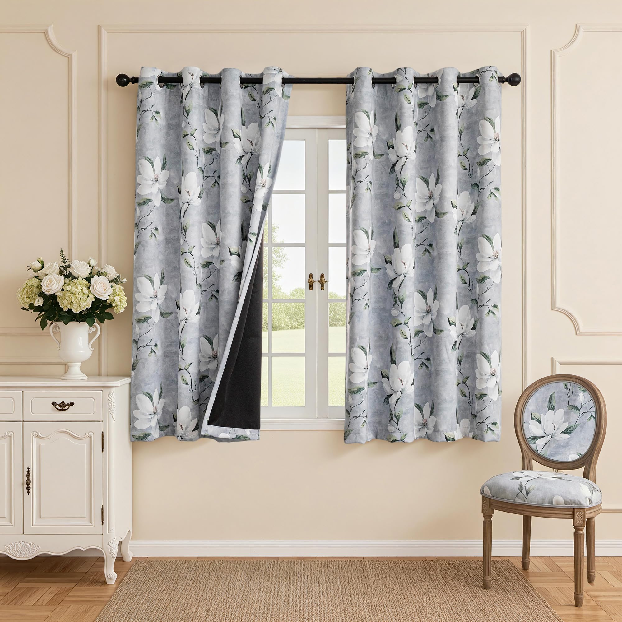 MYSKY HOME Floral 95% Blackout Curtains 72 Inch Length 2 Panels Light Grey