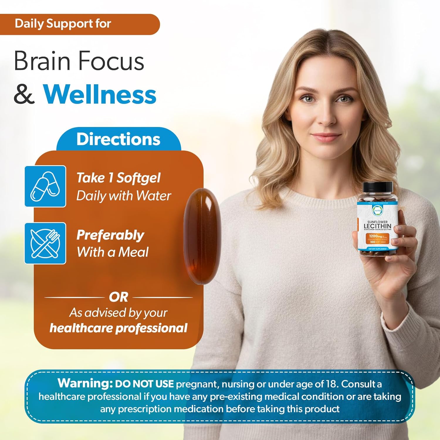 Organic Sunflower Lecithin 1200mg – Soy-Free Lecithin Supplement for Brain, Heart, Nerve & Liver Support, Cognitive Health, Non-GMO – 100 Softgels (Made in USA) - Image 4