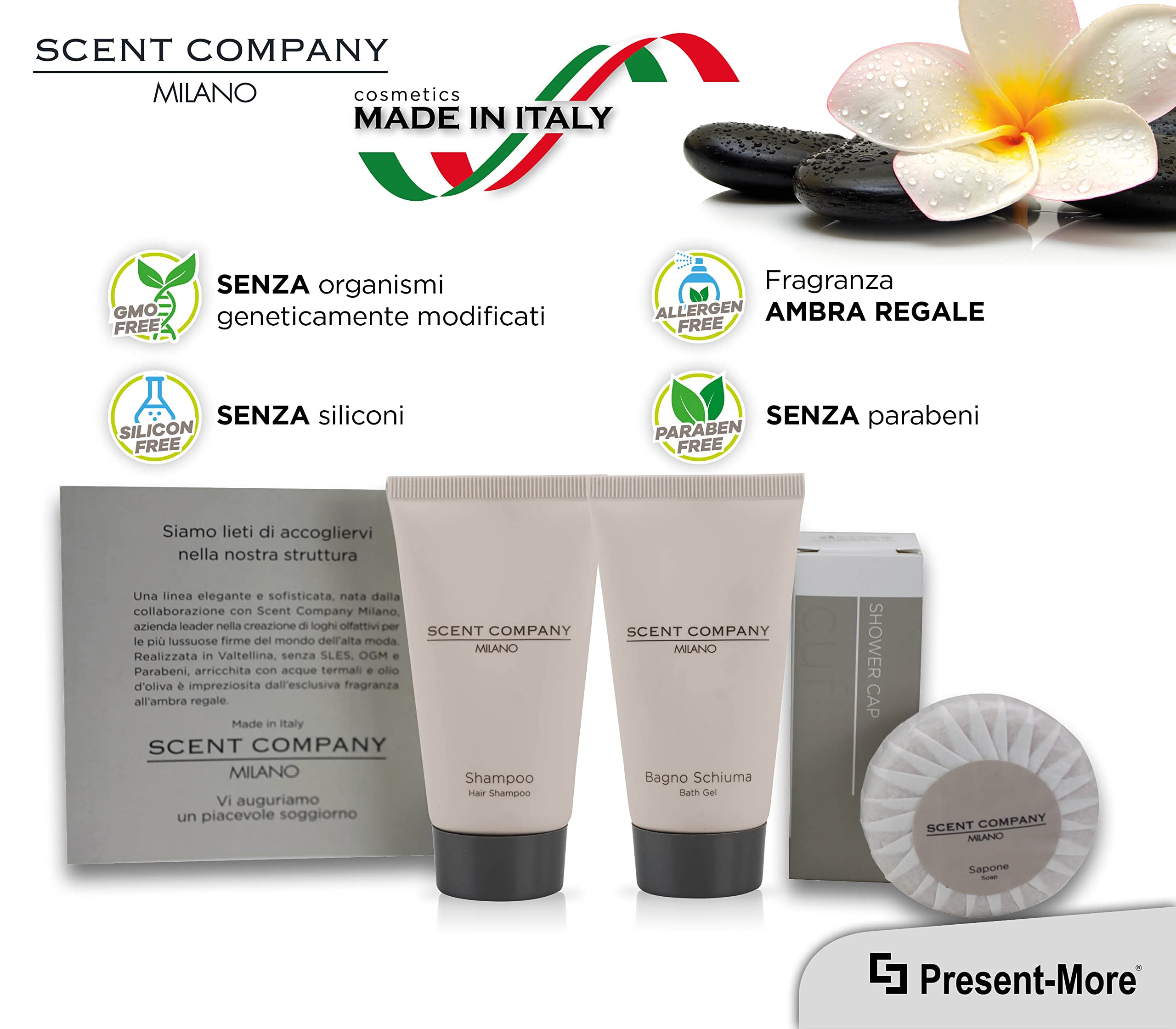 Present-More Amenities Kit Scent Company Milano - Toilettenartikel 15 Gäste für Hotels und B&B | Amenities Kit mit Duftnote Royal Amber