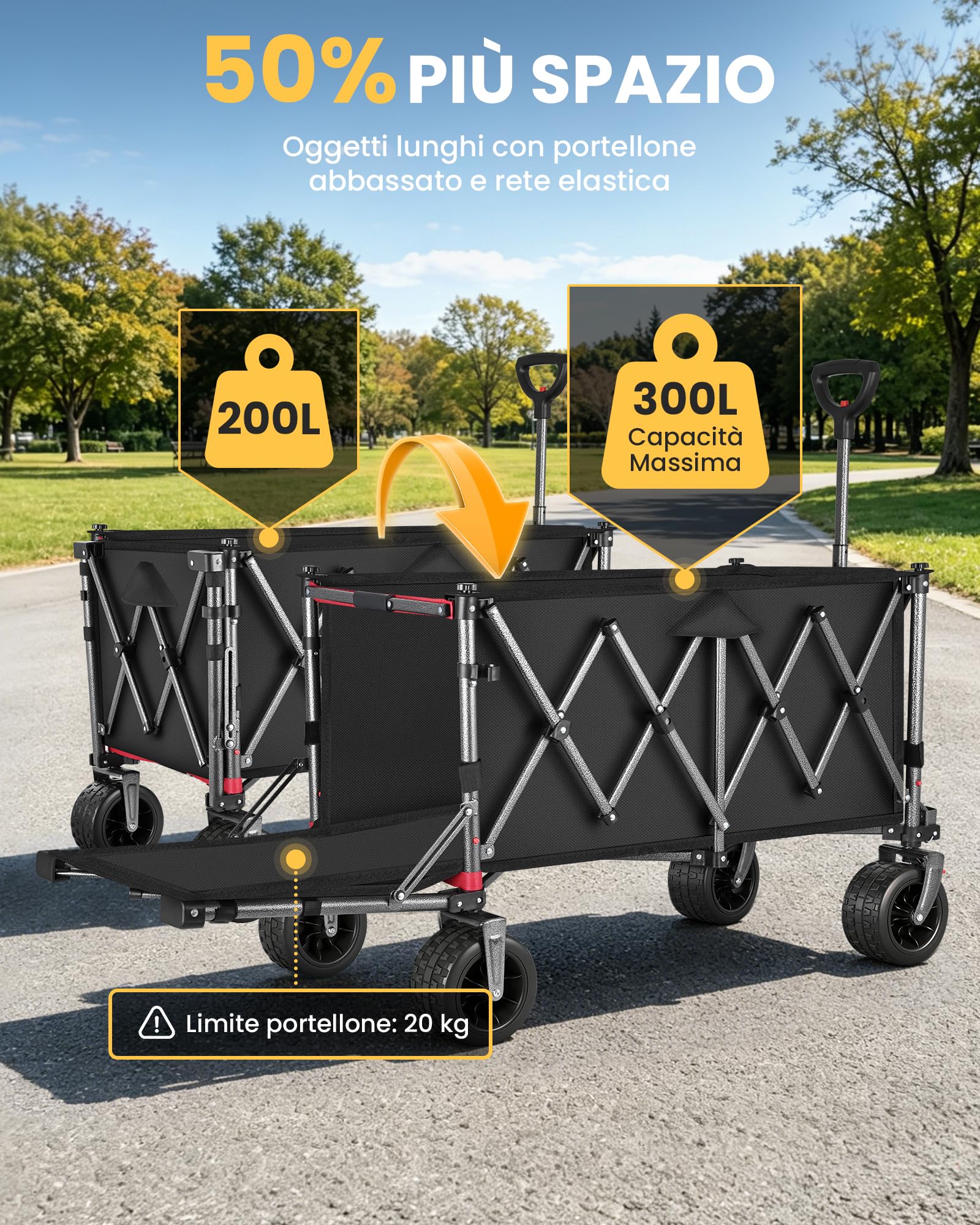 Carrello Spiaggia YEAUPE PRO XXXL con Grandi Ruote Girevoli 360°, 250kg 200-300L, Nero