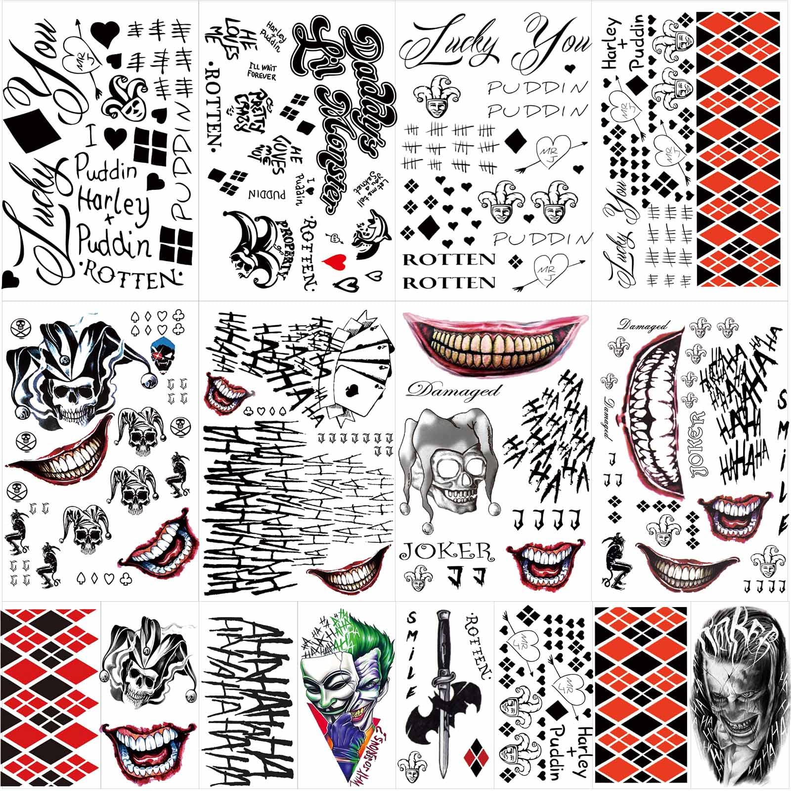 Zomme 16 Sheets Halloween Temporary Tattoos for Joker, Harley Quinn, and Suicide Squad - Perfect for Costumes, Accessories, Party, and Cosplay