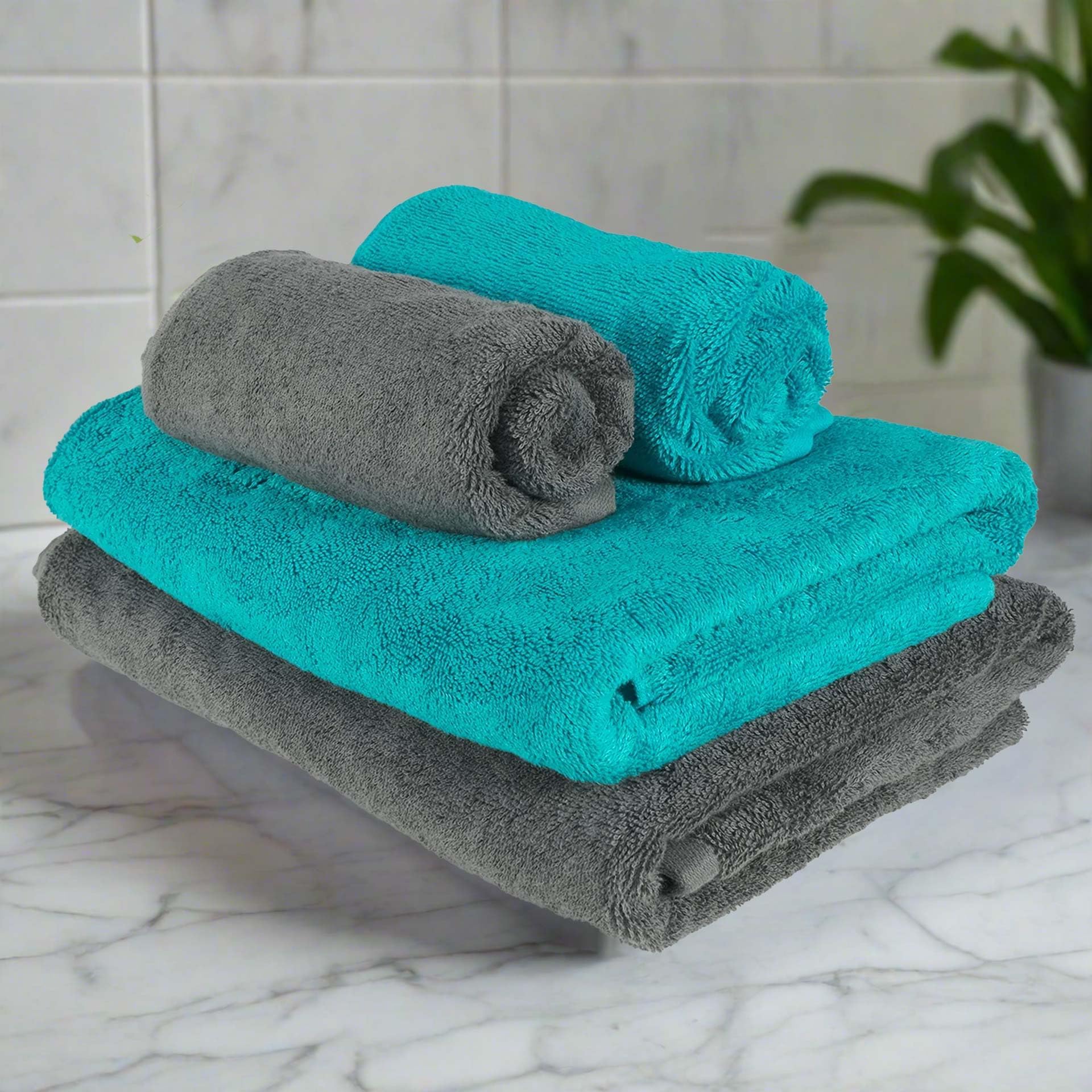 HEELIUM Bamboo Towel Set (2 Bath & 2 Hand Towel Combo) | Towel for Men & Women | Soft, High Absorbency & Antibacterial, 600 GSM, Grey, Teal