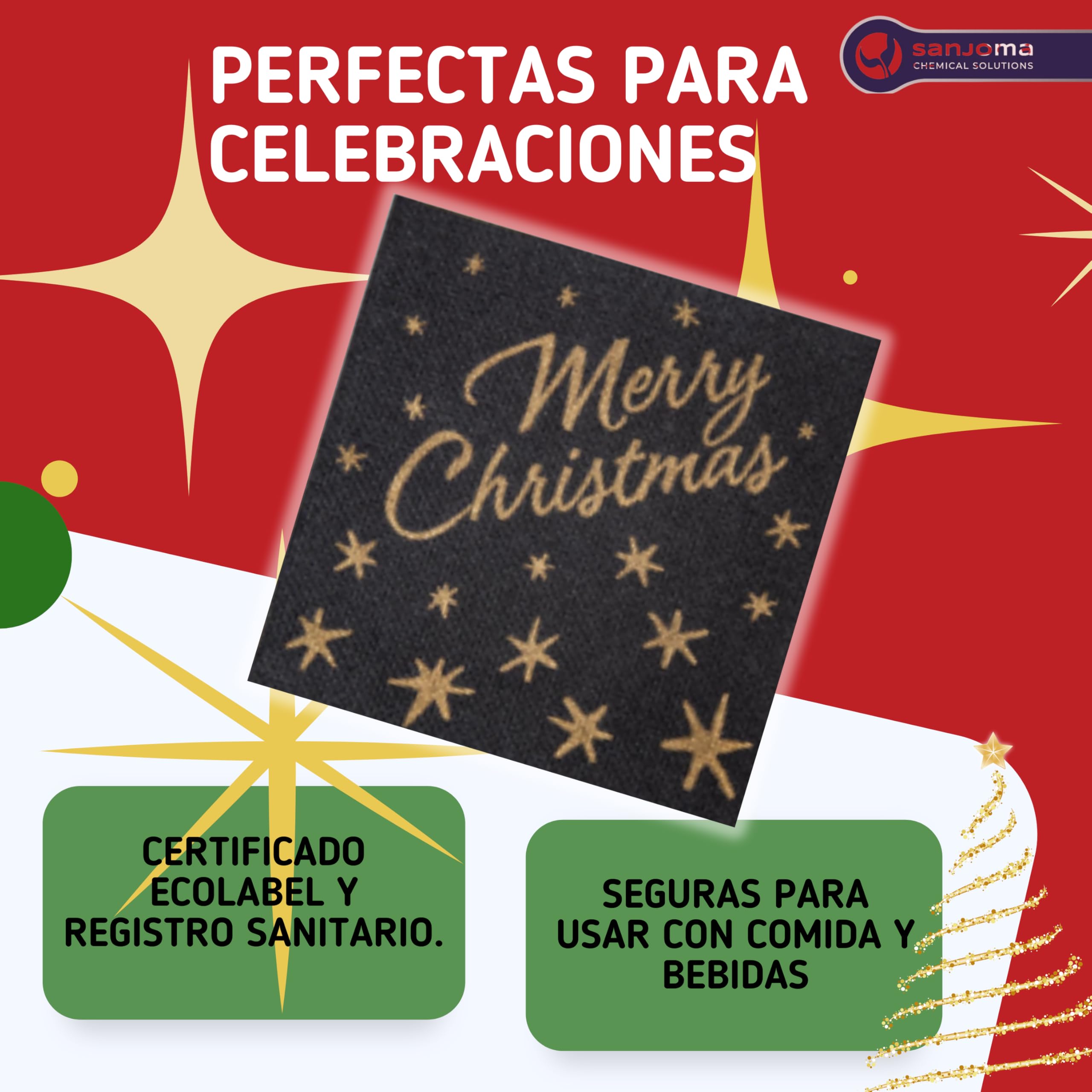 SANJOMA Servilletas Doble Punto de Navidad, Decoradas Con “Merry Christmas” | Para fiestas y Cena De Navidad | Reciclable Y Biodegradable | Servilletas Tissue Negras y Oro (2400 SERVILLETAS, 20x20 CM)